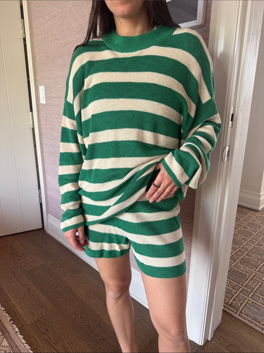 Free People Green and Cream Wide-Stripe Crew Sweater